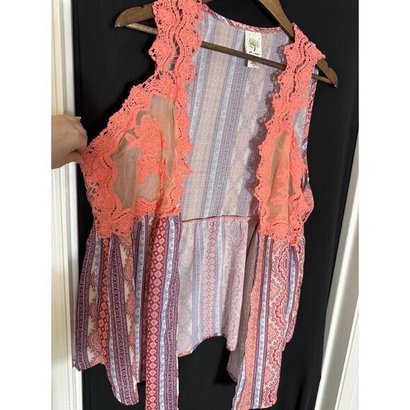 SELF ESTEEM Women's 1X Boho Lace Multicolored Open Flowy Sleeveless Vest‎ - Picture 4 of 7